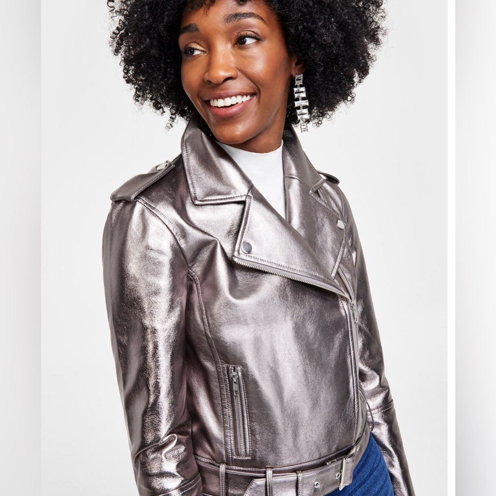 NWT-I.N.C. -Petite Metallic Moto Jacket, Created for Macy's